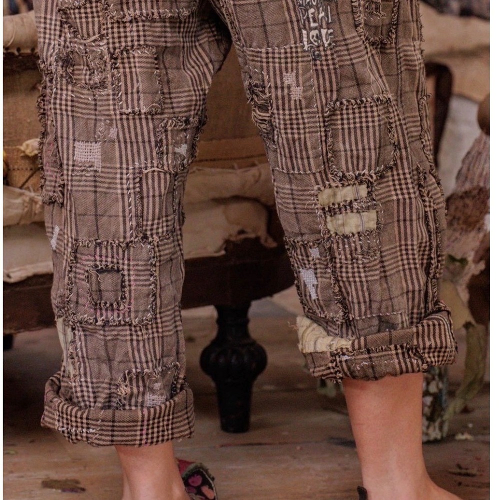 Magnolia Pearl Yarn Dyed Cotton Patchwork Check Miner Pants Adjustable Waist NEW - Picture 9 of 14